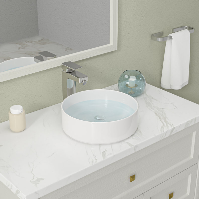 Lavabo de salle de bain vasque en céramique avec rebord décoratif Mocoloo, Blanc, H 5 po x L 15,75 po x l 15,75 po