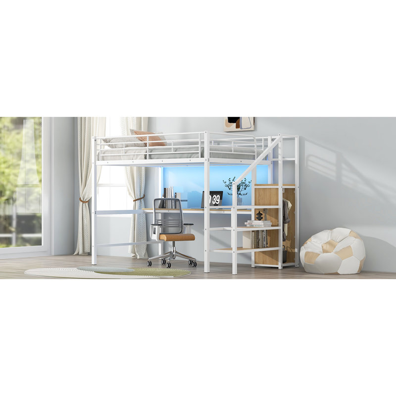 Lit mezzanine en métal blanc avec bureau, escalier de rangement, garde-robe et éclairage à DEL, structure solide pour la structure de soutien