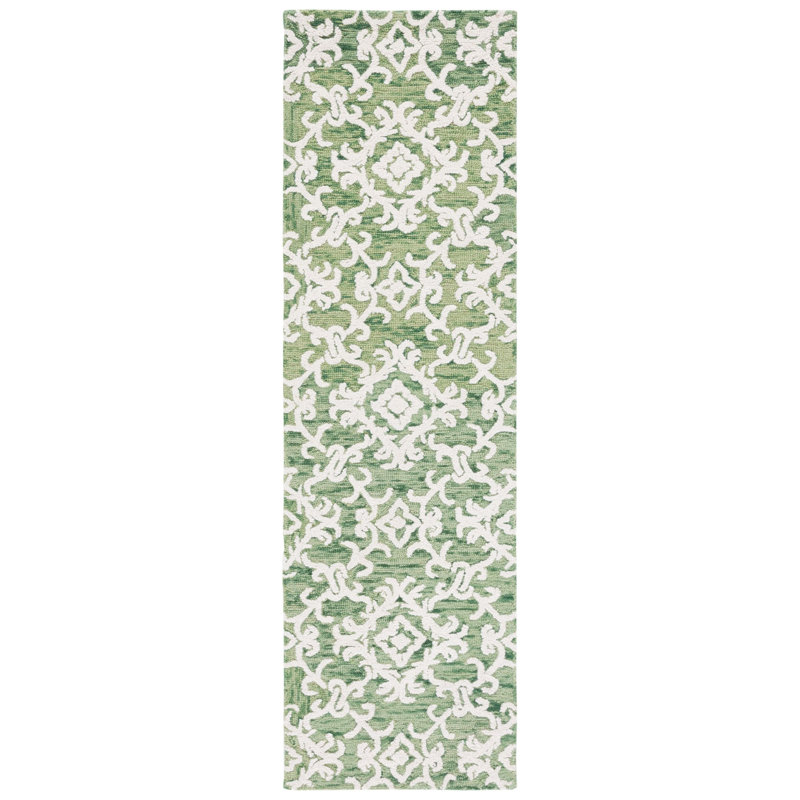 Arieah Damask Handmade Tufted Wool Green/White Area Rug, Runner 2'3" x 8'