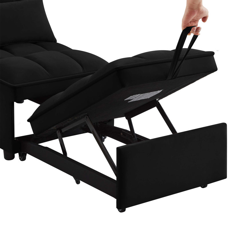 Tufted Single Pull-Out Sofa Bed with Adjustable Backrest And Pillows, Convertible Chaise Lounge, Black Velvet