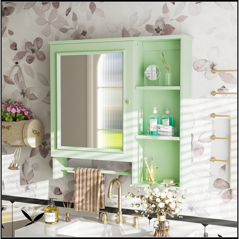 Armoire de rangement murale pour salle de bain, armoires à pharmacie avec grande porte miroir, tablettes réglables et trois niveaux de rangement ouverts (meuble-lavabo non inclus)