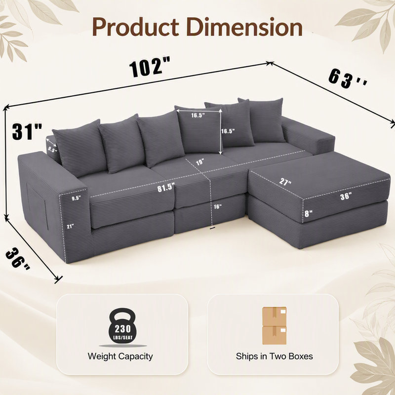 Nouveau canapé modulaire convertible 10-en-1, idéal pour les réunions de famille, sans assemblage, avec rangement et coussins