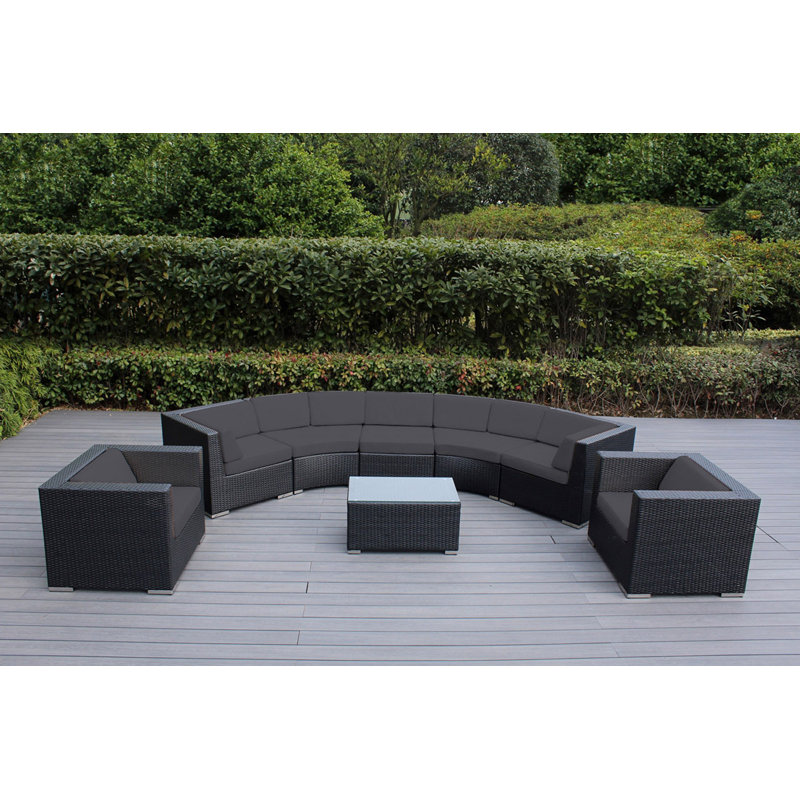 Billyjo Wicker 7 - Person Curved Seating Group with Cushions - No Assembly, Black, Canvas Coal Sunbrella® Canvas