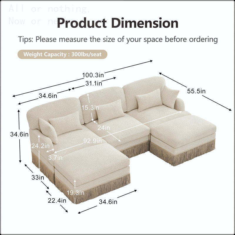 Canapé modulaire en chenille à imprimé léopard, 3 Seat U-Shaped, Beige Chenille