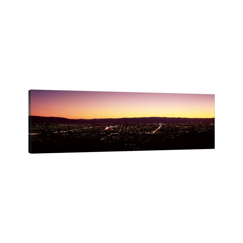 City Lit Up At Dusk, Silicon Valley, San Jose, Santa Clara County - Wrapped Canvas Panoramic Print