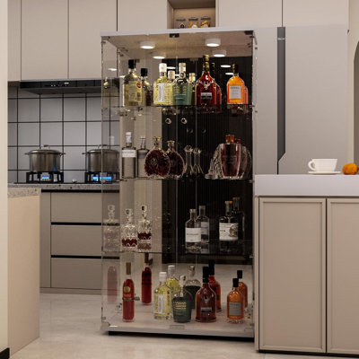 Vitrine avec portes en verre, vitrine de 67 po avec lumières DEL, étagère en verre à 4 niveaux pour objets de collection / jouets / livres, armoire de rangement en miroir ， 64,7 po x 31,7 po x 14,3 po