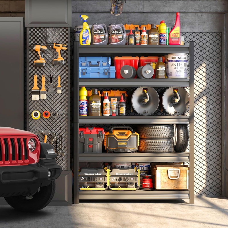 Étagères de garage réglables robustes | Étagères de rangement en métal noir antirouille faciles à assembler, étagères de garage robustes