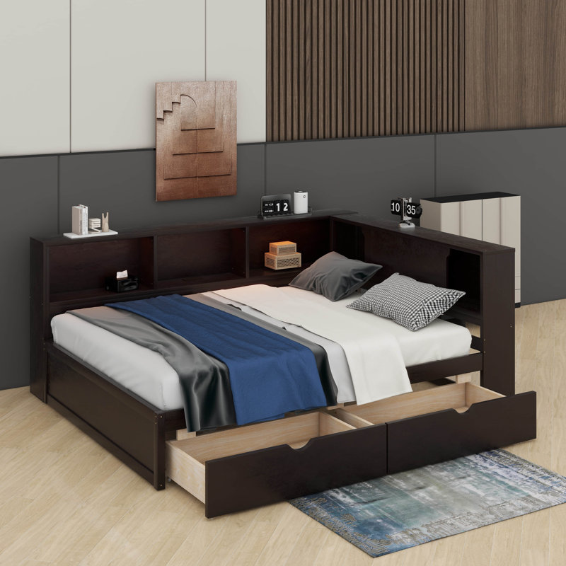Lit d'angle avec tiroirs et lumières DEL, structure de lit de jour en L en bois massif avec tablettes et port USB, Brun