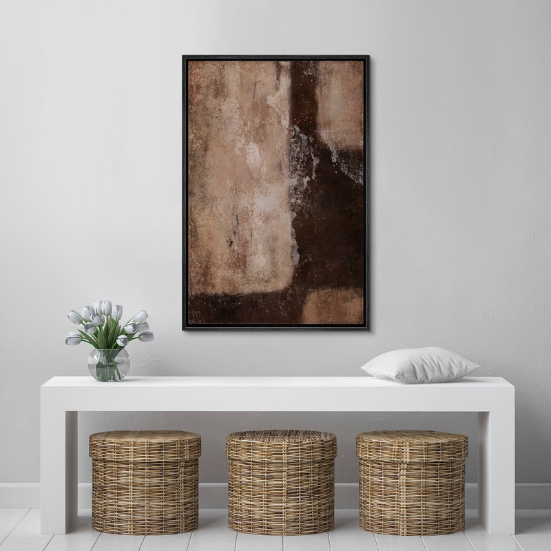 Style Mid-Century brun foncé, formes abstraites neutres, grand cadre rustique, décor minimaliste M27, H 36 po x l 24 po
