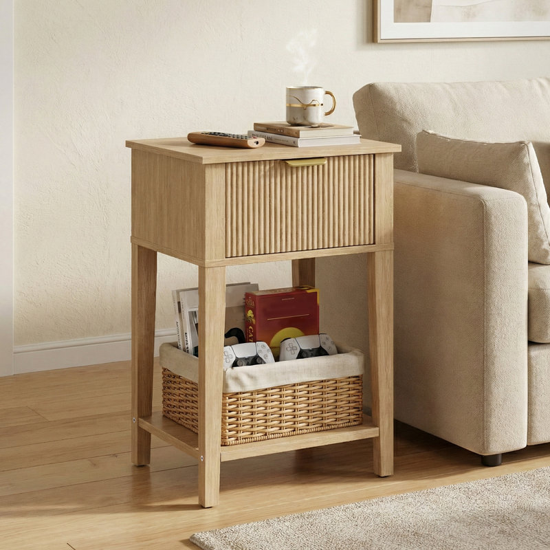 Table de bout moderne minimaliste avec tablette de rangement ouverte, Chêne naturel