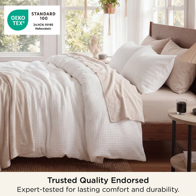 Essential Collection 100% Cotton Waffle Weave Duvet Cover Set, Coconut White, King Duvet Cover + 2 King Shams