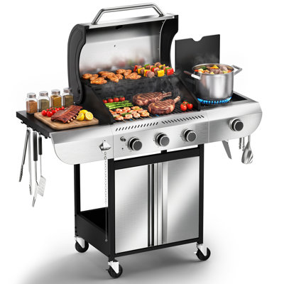 Stainless steel 4-burner propane grill with side burner, storage cabinet, and hooks for grilling utensils.
