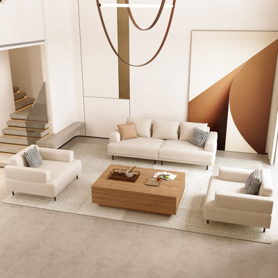 Ensemble de salon moderne 3 pièces avec canapé de 82,67 pouces et 2 fauteuils à assise profonde pour bureau de salle familiale beige
