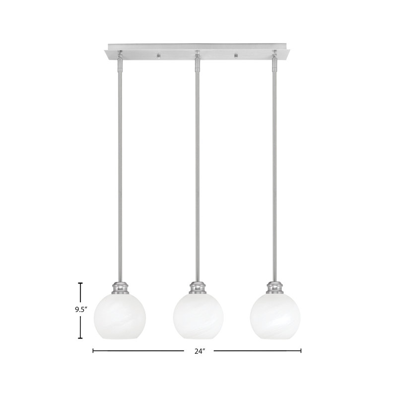 Luminaire suspendu linéaire à 3 lumières Edge avec verre de marbre blanc 5,75 po, Nickel brossé