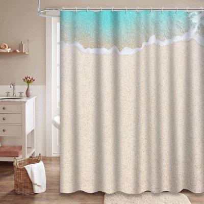 Soft Blue Ocean Wave Sandy Beach Sand Water Aqua Waterproof Shower Curtain with 12 Hooks