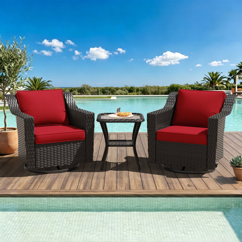 Ensemble de conversation en rotin pour 2 personnes avec table d'appoint, 2 chaises pivotantes et coussins rouges, Rouge