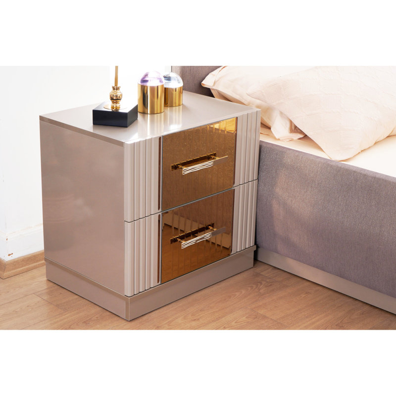 Élégante table de chevet en bois gris pour chambre à coucher avec 2 tiroirs spacieux et rangement de finition