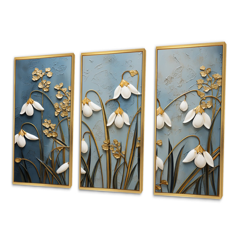 «Blue and Gold Snowdrop Flower Simplicity VI», ensemble d'art mural sur toile, Cadre flottant doré