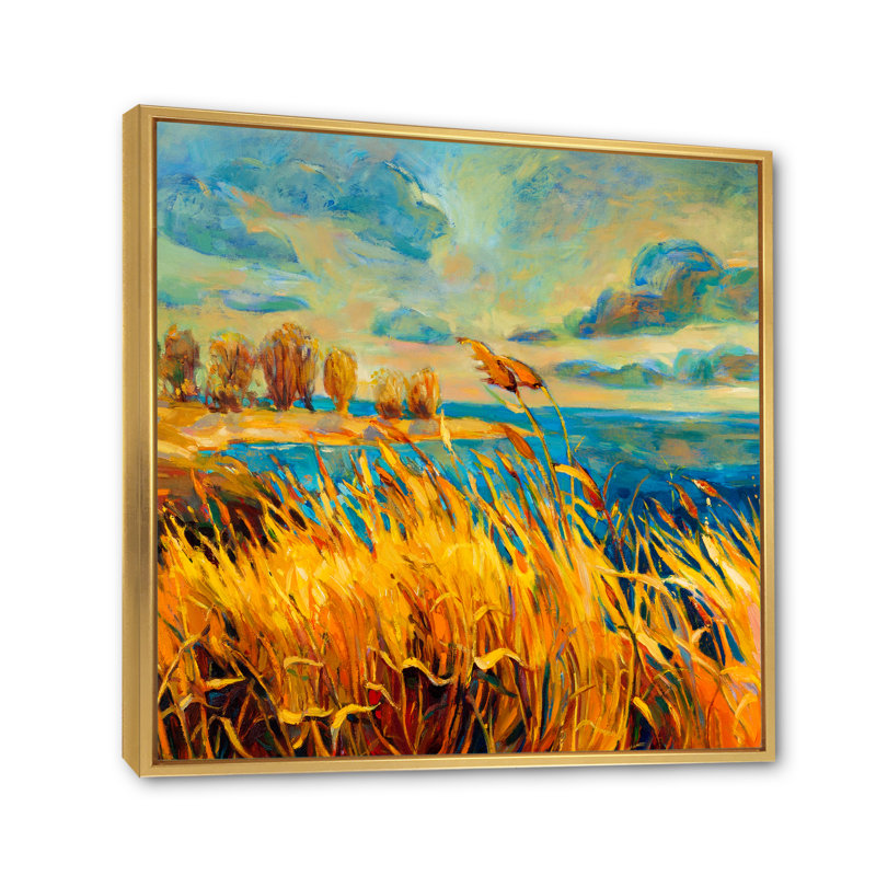 «Vibrant Sunset over Lake», peinture sur toile, H 30 po x l 30 po x P 1 po, Cadre flottant doré
