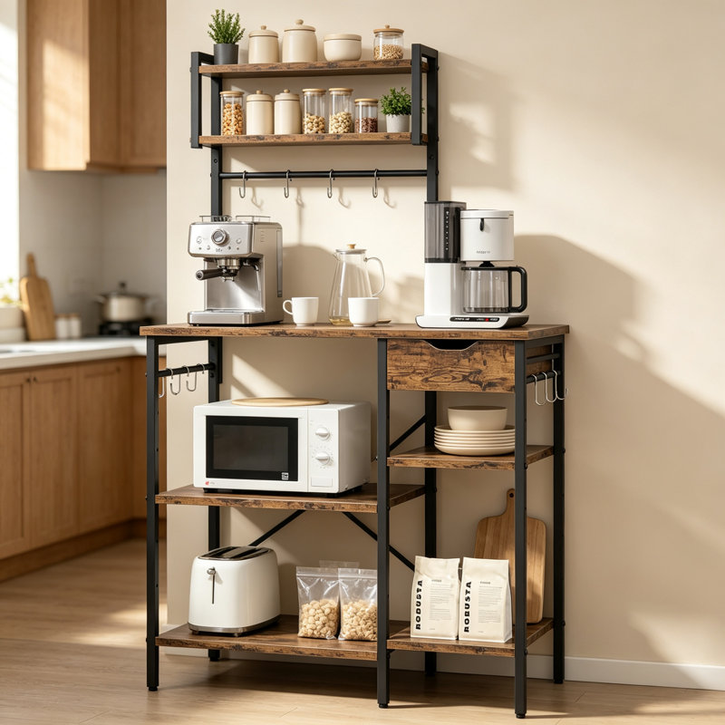 Microwave Oven Kitchen Storage Rack, 90cm Wide Organizer with 2 Adjustable Removable Shelves, Drawers and 10 S-Hooks, High Load-Bearing Design
