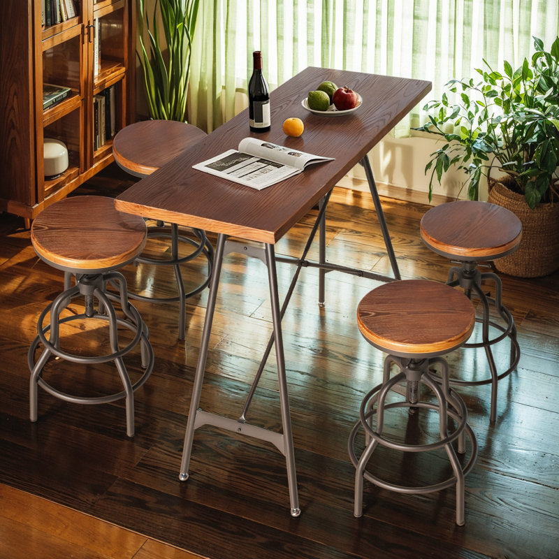 Ensemble de table et de chaises pour le bureau à domicile, le pub, le pub, le bistro, la table de salle à manger rectangulaire, deux tabourets pivotants réglables, le métal et le bois robustes, le style industriel rustique, le noir et le brun
