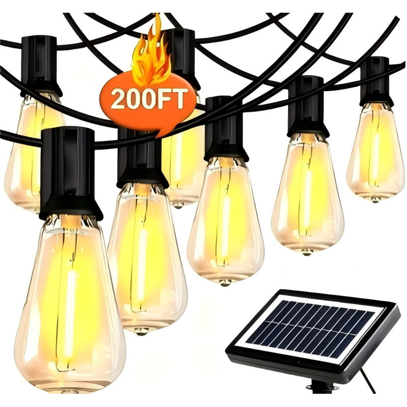 200 pi. Guirlande d'extérieur à énergie solaire 24 lumières DEL St38 avec base E12 - Ampoules rétro Edison imperméables pour patio, jardin et café - Blanc chaud (2 700 K) - Fil noir
