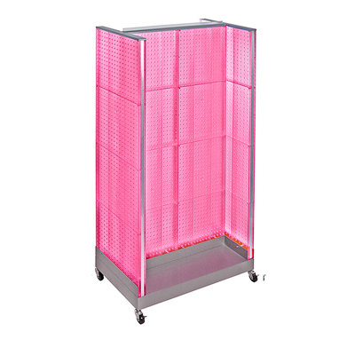 H-Unit Pegboard Floor Display on Wheeled Base. Center Panel Size: 32"W x 60"H, Side Panel Size: 16"W x 60"H