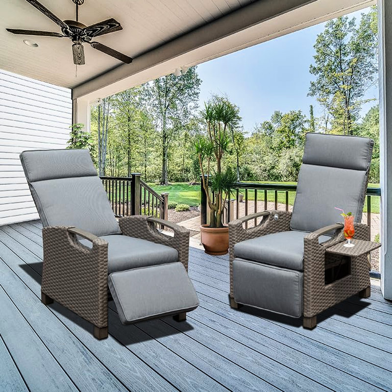 Patio Recliner Chair, Hand-Woven Resin , Flip Table, Adjustable Angle, Gray Cushions For Comfort With Woven 6.8'' Thick Cushions, Gray, Table Comfortable Seating