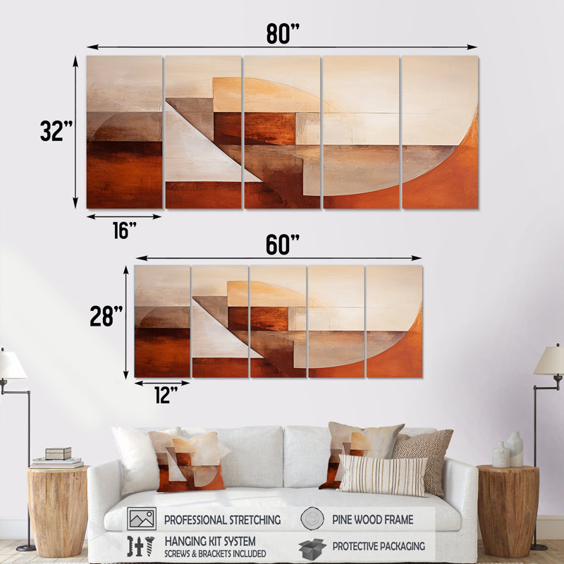 «Elemental Brown Triangle - Abstract Collages», art mural 5 pièces, H 32 po x l 80 po