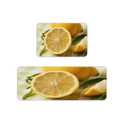 Yellow Green Lemon Kitchen Mats, Set Of 2 Fresh Rugs For Kitchen & Sink Area