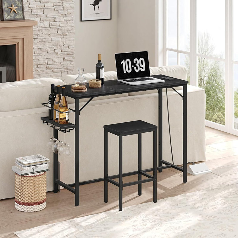 Table de pub à hauteur de comptoir avec station de charge - Table de salle à manger rectangulaire à haut plateau avec support à vin et porte-verre, noire, idéale pour la cuisine ou le bar à la maison