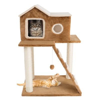 Arbre à chat PETMAKER de 89 cm avec 3 poteaux à griffer en corde de sisal et une balle suspendue - Tour à chat pour grands chats ou chatons (brun)
