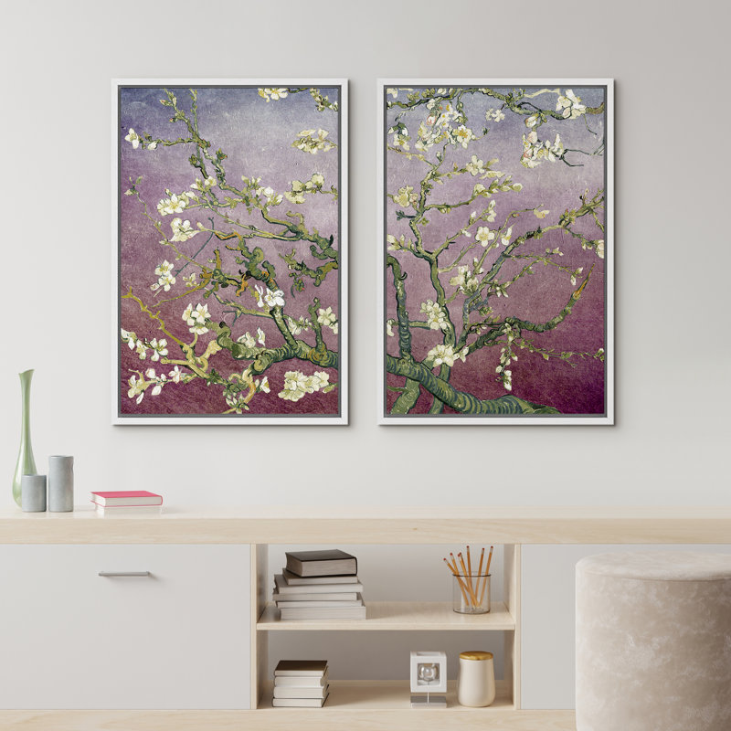 «Amandier en fleurs» par Vincent van Gogh, Dégradé prune poussiéreux, H 36 po x l 48 po x P 1,5 po, Cadre blanc