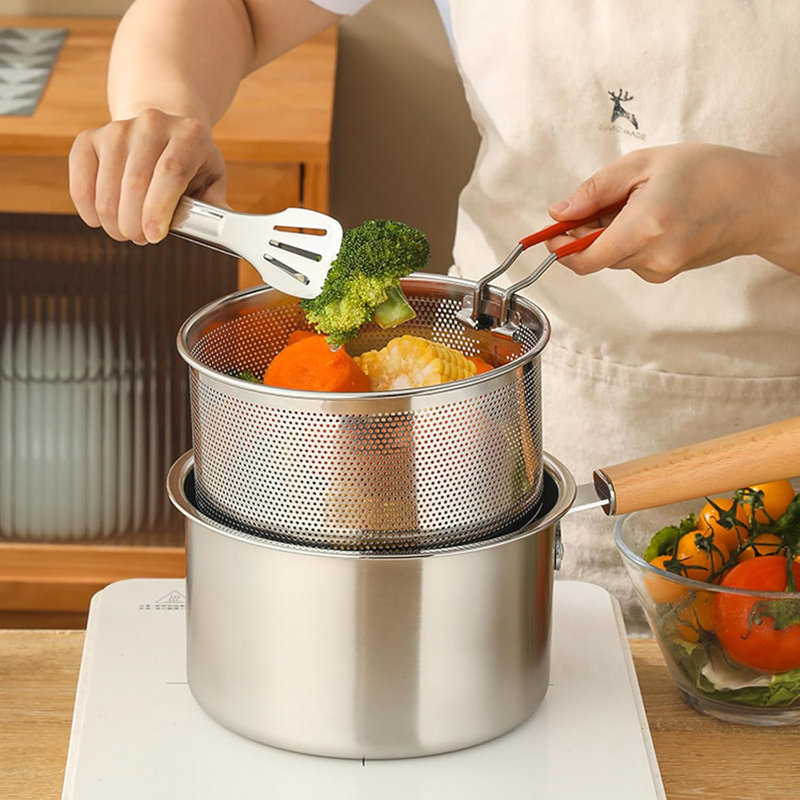 Ensemble de 2 crépines à pâtes en acier inoxydable avec panier à friteuse en métal