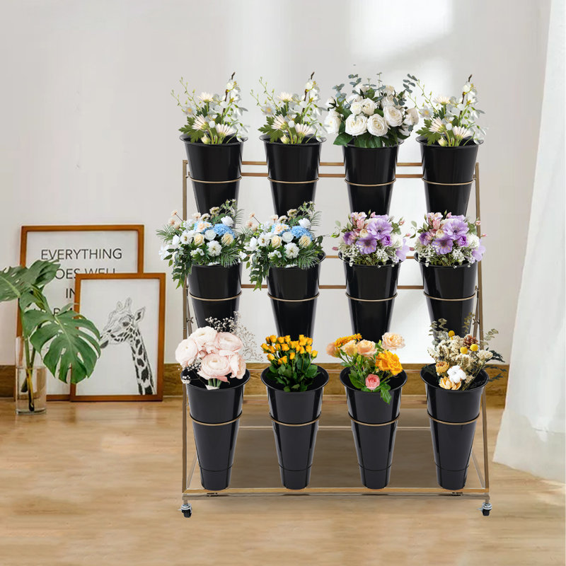Présentoir à fleurs Mushkan avec 12 seaux, 3 couches de métal avec roues, Doré