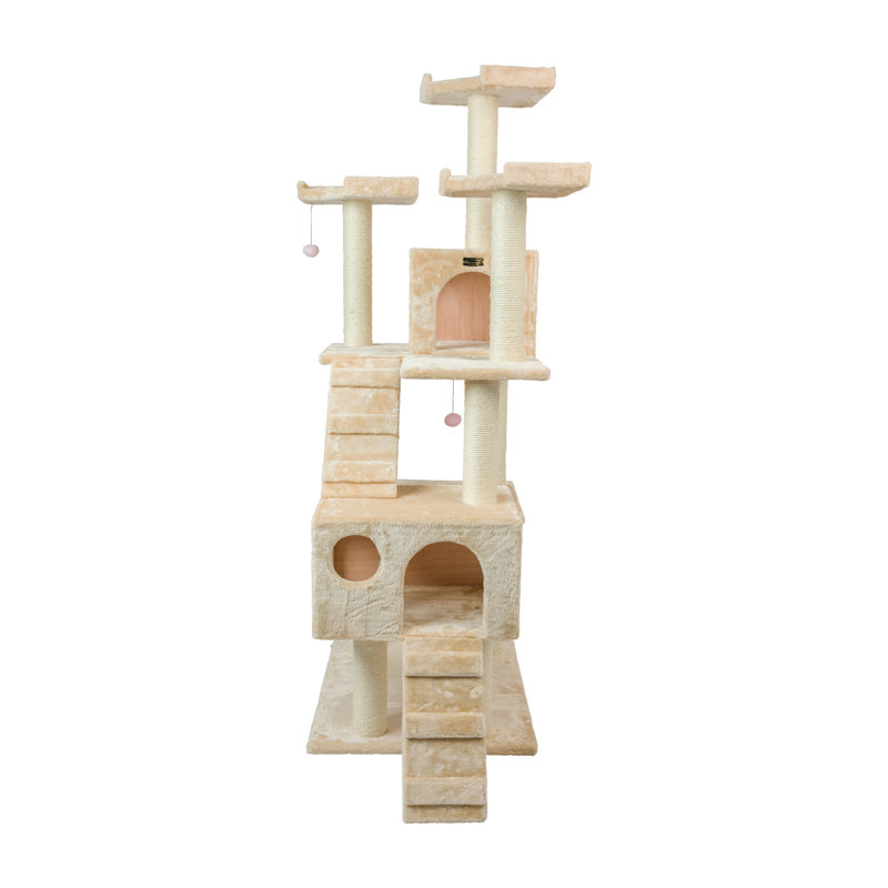 Beige Multi-Level Sisal Cat Tree with Playhouses and Ramps