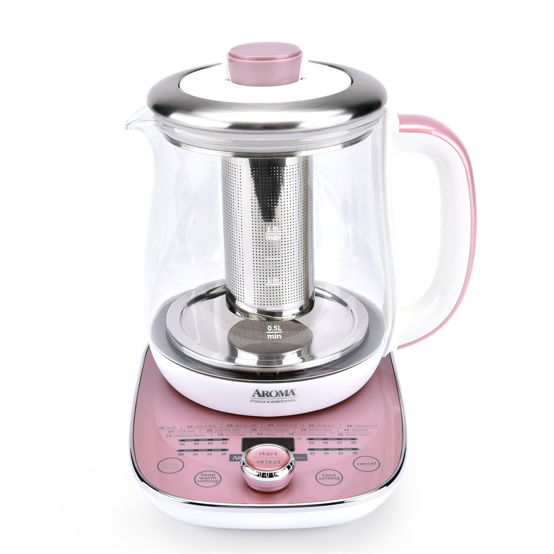 AROMAÂ Professional 1.5L / 6-Cup Glass Digital Electric Tea Maker, Automatic Keep Warm, 16 Different Heat Setting Options, Spill-Free Pouring Spout Aroma