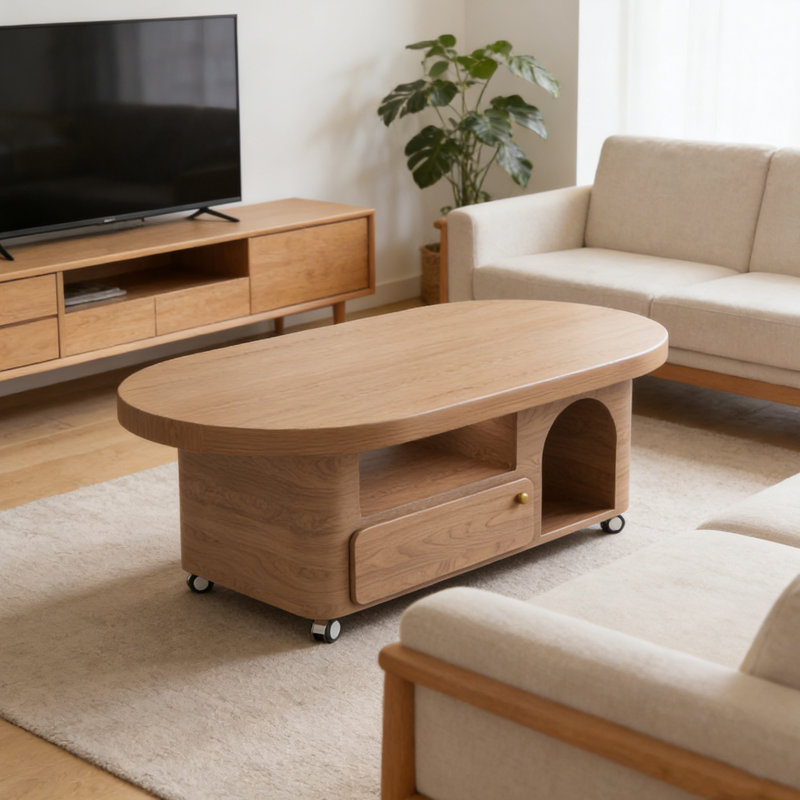 Table basse moderne avec tiroir de rangement à roulettes, H 16,53 po x l 47,24 po x P 23,62 po, Naturel
