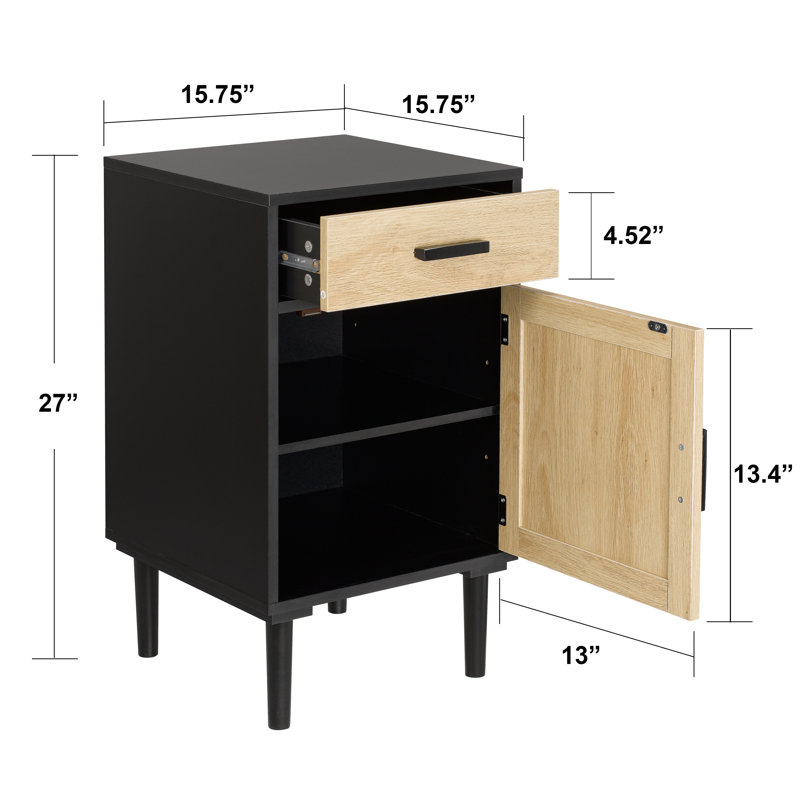 Cirsten Tall Nightstands Set Of 2, End Table, Side Table With Drawer And Shelf, Hand Made Rattan Decorated Doors, Wood Accent Table With Storage For Bedroom, 2 Pack