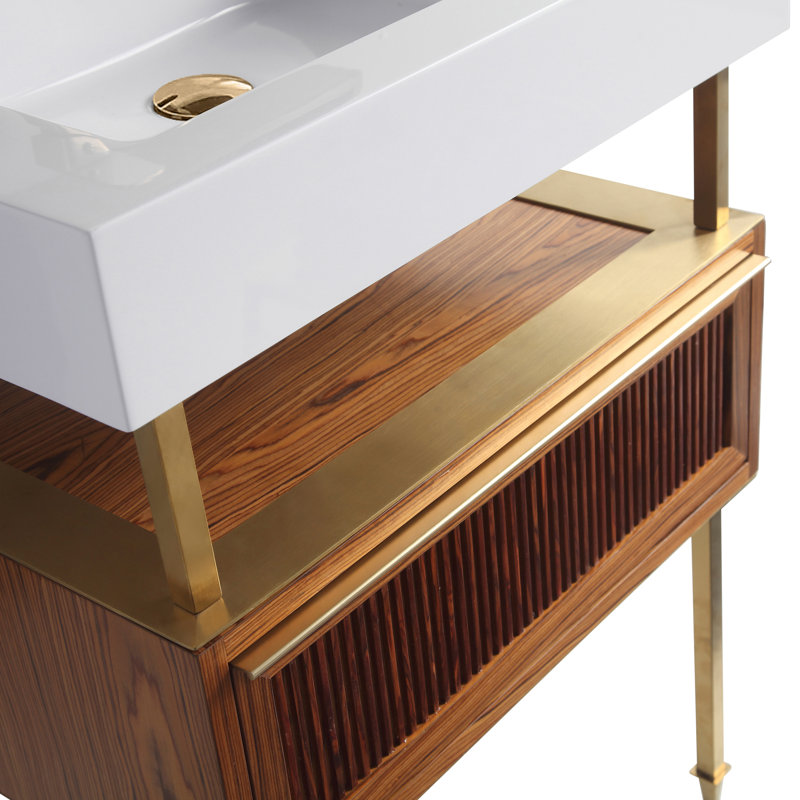 Ensemble de meuble-lavabo simple 24 po Strobel, Laiton satiné, Teck