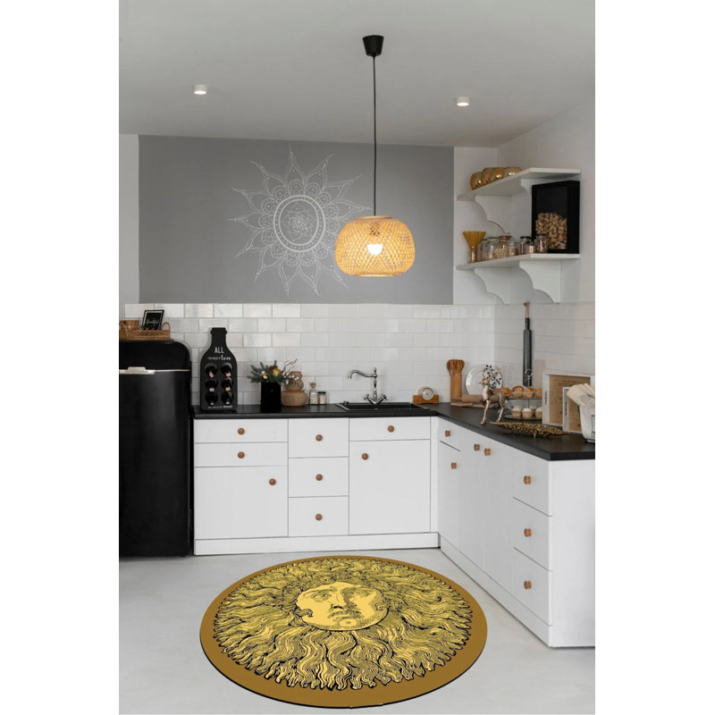 Sun Themed Black Round Rug, Round 4'