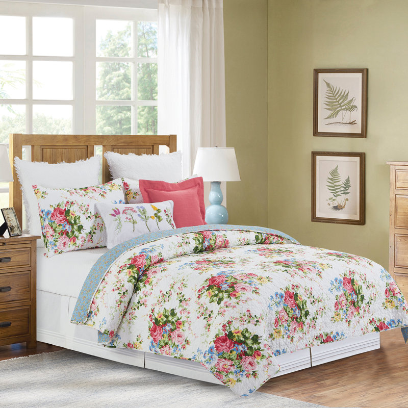 Ensemble de courtepointe réversible en coton Cottage Rose, Courtepointe grand + 2 taies décoratives standard