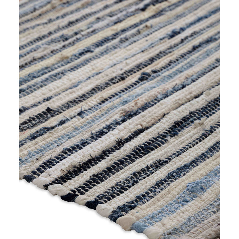 Ensemble de tapis en denim / blanc tissés à plat à la main à motif abstrait Lombard, Rectangulaire 3 pi x 5 pi