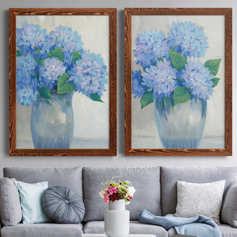 «Blue Hydrangeas in Vase I», ensemble de 2 reproductions d'art, Toile avec cadre érable, H 31,5 po x l 47 po x P 1,5 po