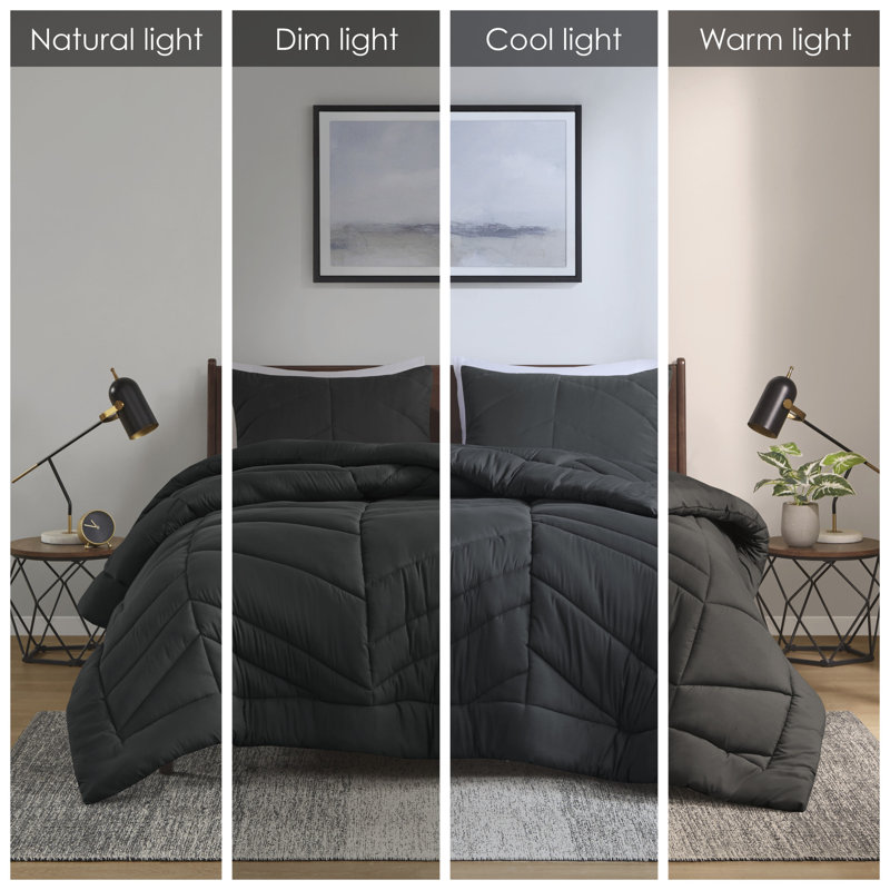 Full Black Microfiber Reversible Chevron Bedspread Set