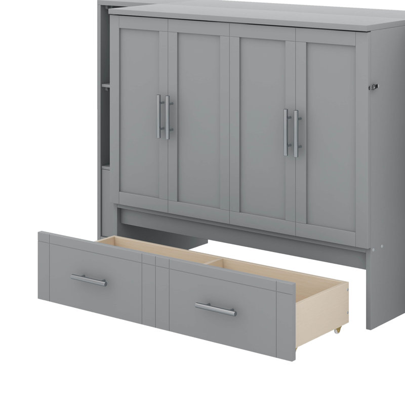 Grand lit escamotable avec tablettes, tiroirs et port USB, Gris