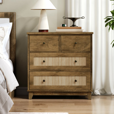 Farmhouse Rattan Nightstand with Charging Station, 26.9" Wide Boho-Inspired End Table with 4 Drawers, Dresser Cabinet