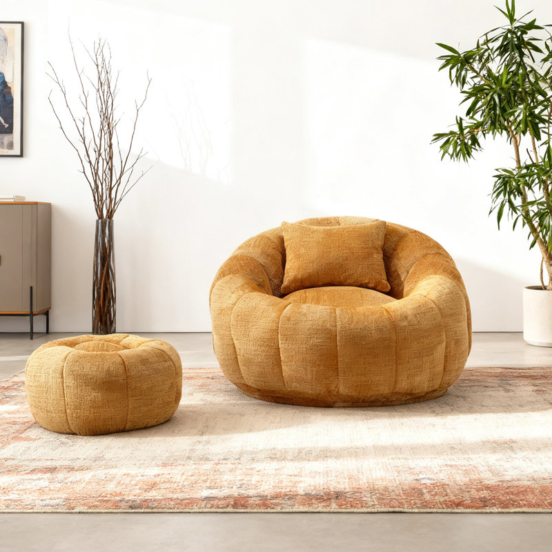 Fauteuil à billes en chenille moderne avec repose-pieds assorti, Chenille jaune