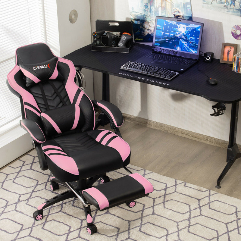 Gymax Adjustable Reclining Ergonomic Faux Leather Swiveling PC & Racing Game Chair with Footrest, Pink