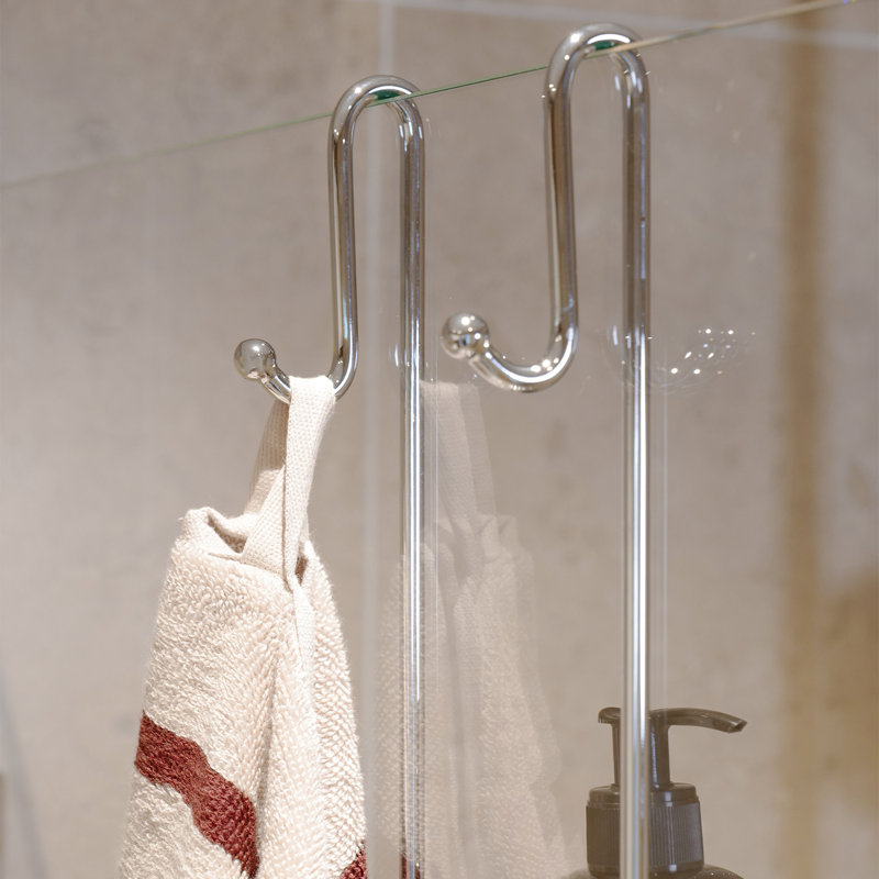 No drill over glass double shower shelf with built in hooks 